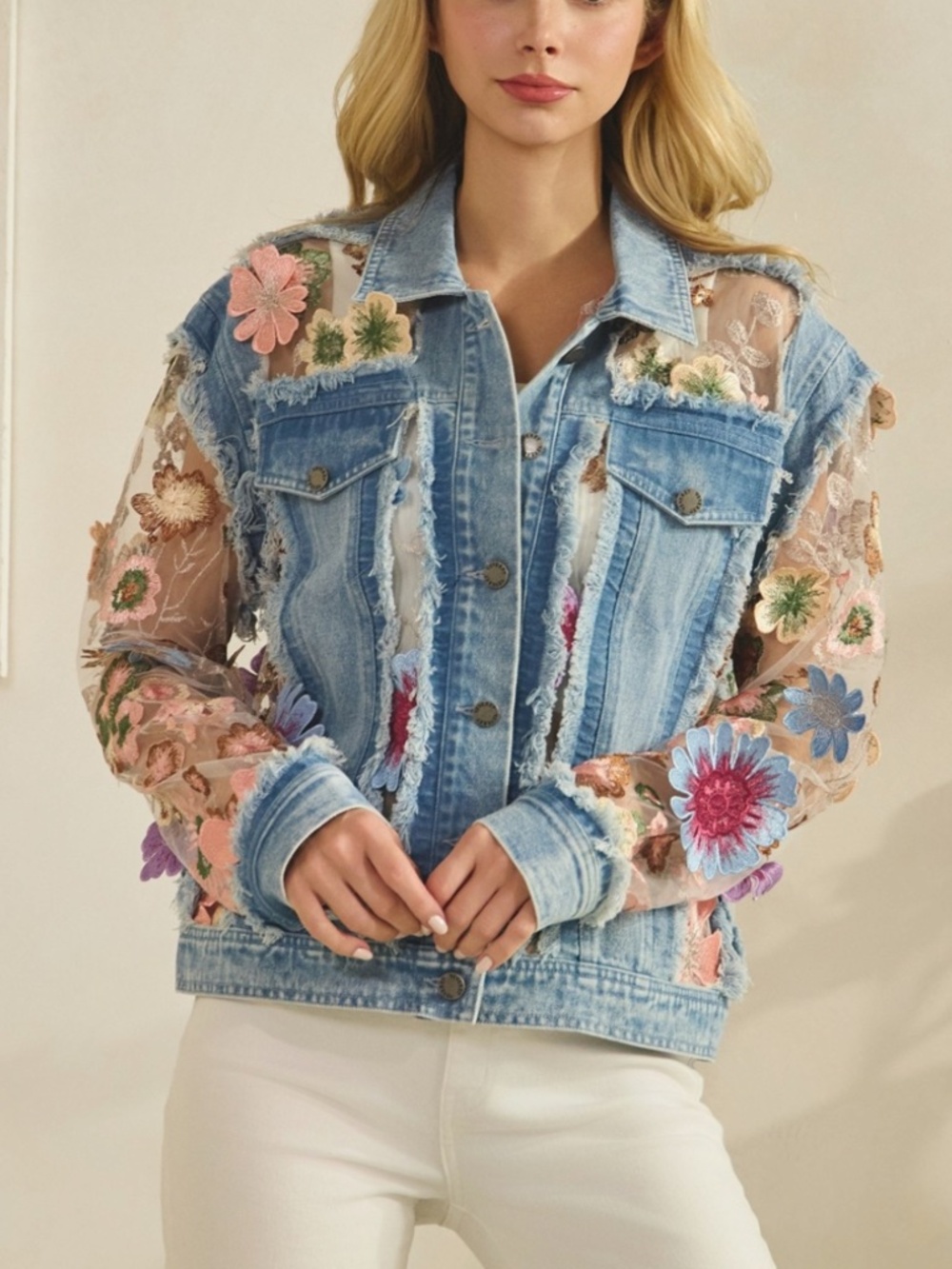 Western Floral Lace Appliqué Semi Sheer Button Down Frayed Jacket - Picture 6 of 10